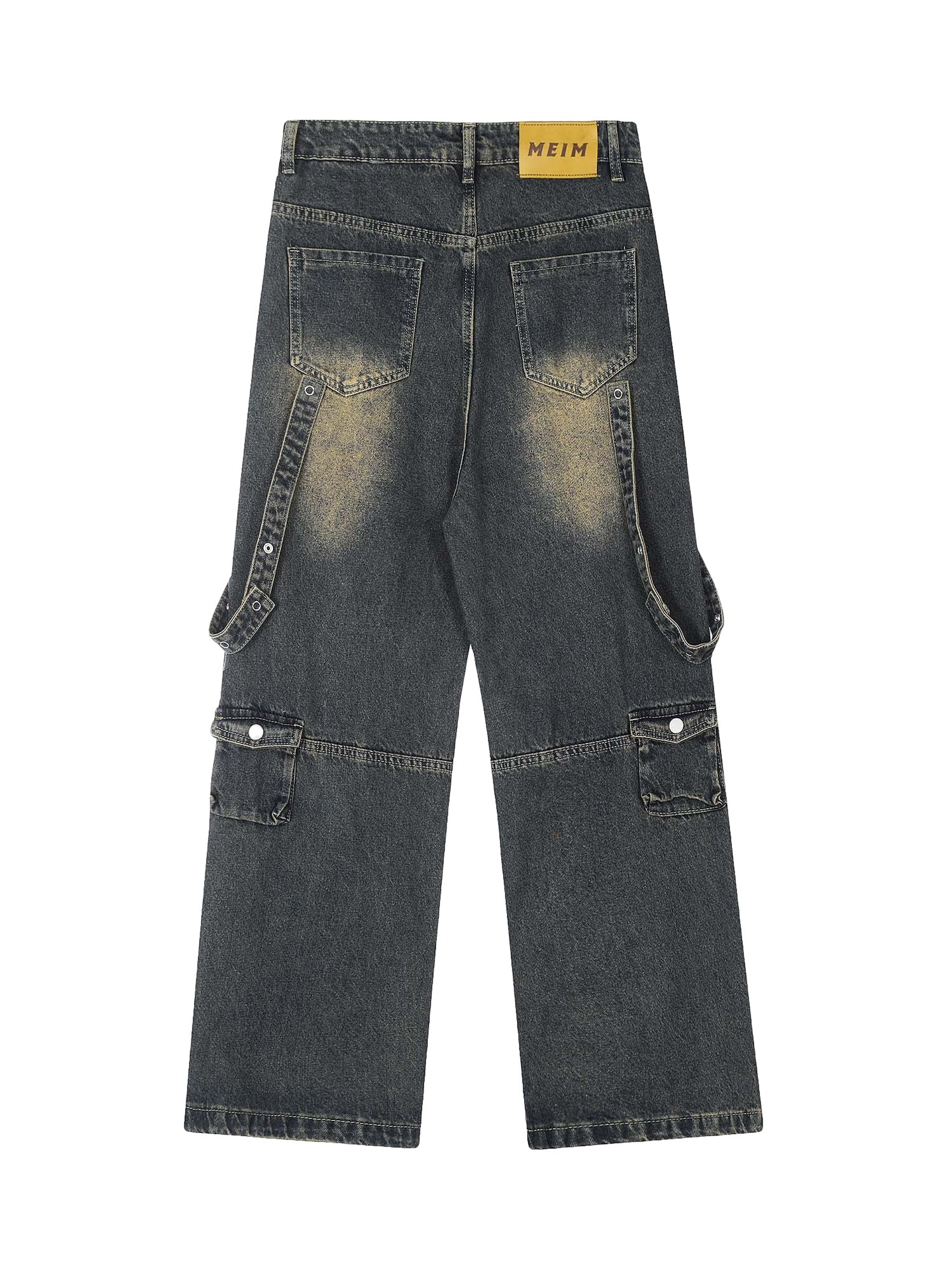 Goatlv Vintage Washed Web Rivets Hip-Hop Jeans - Goatlv