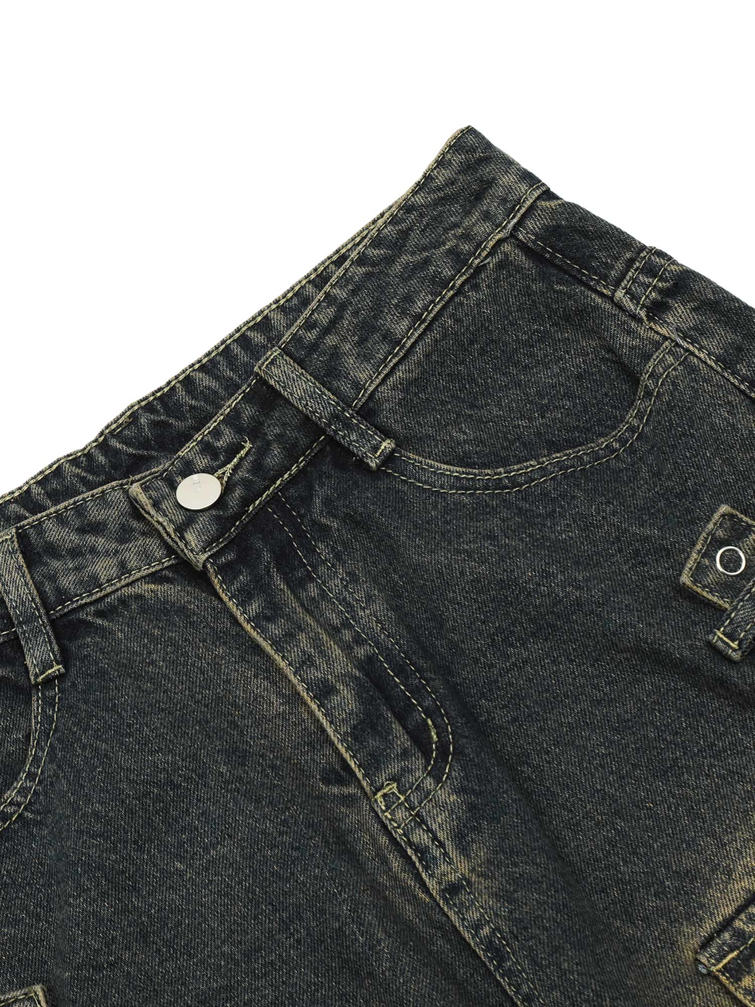 Goatlv Vintage Washed Web Rivets Hip-Hop Jeans - Goatlv
