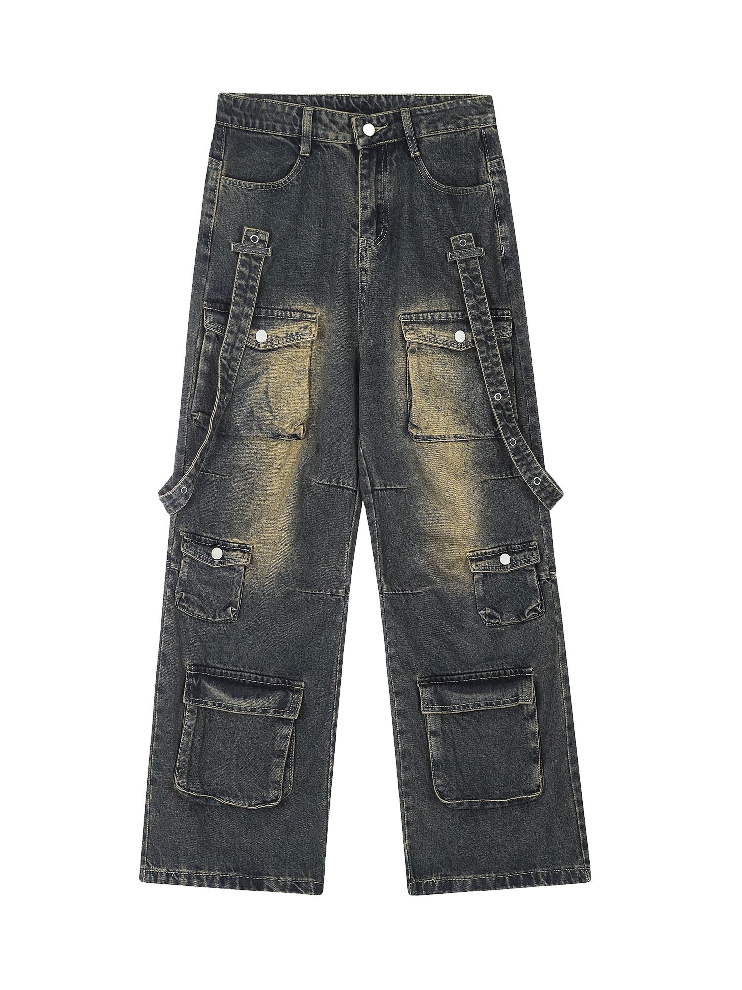 Goatlv Vintage Washed Web Rivets Hip-Hop Jeans - Goatlv