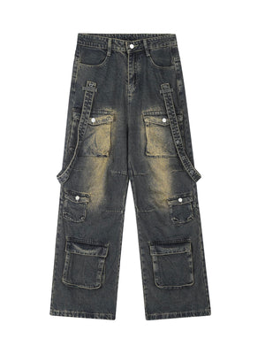 Goatlv Vintage Washed Web Rivets Hip-Hop Jeans - Goatlv