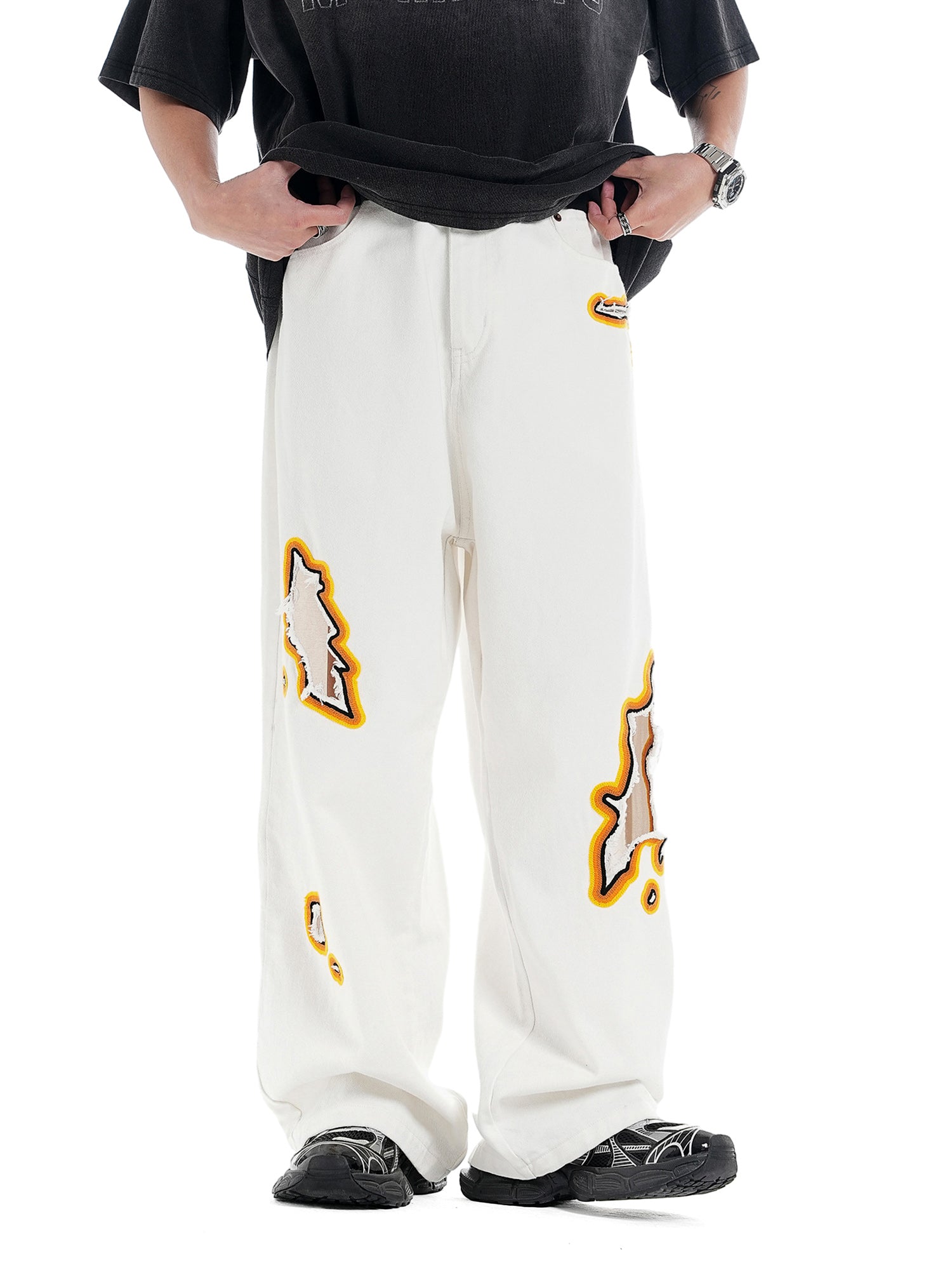 Street Flame Towel Embroidered Jeans - Goatlv