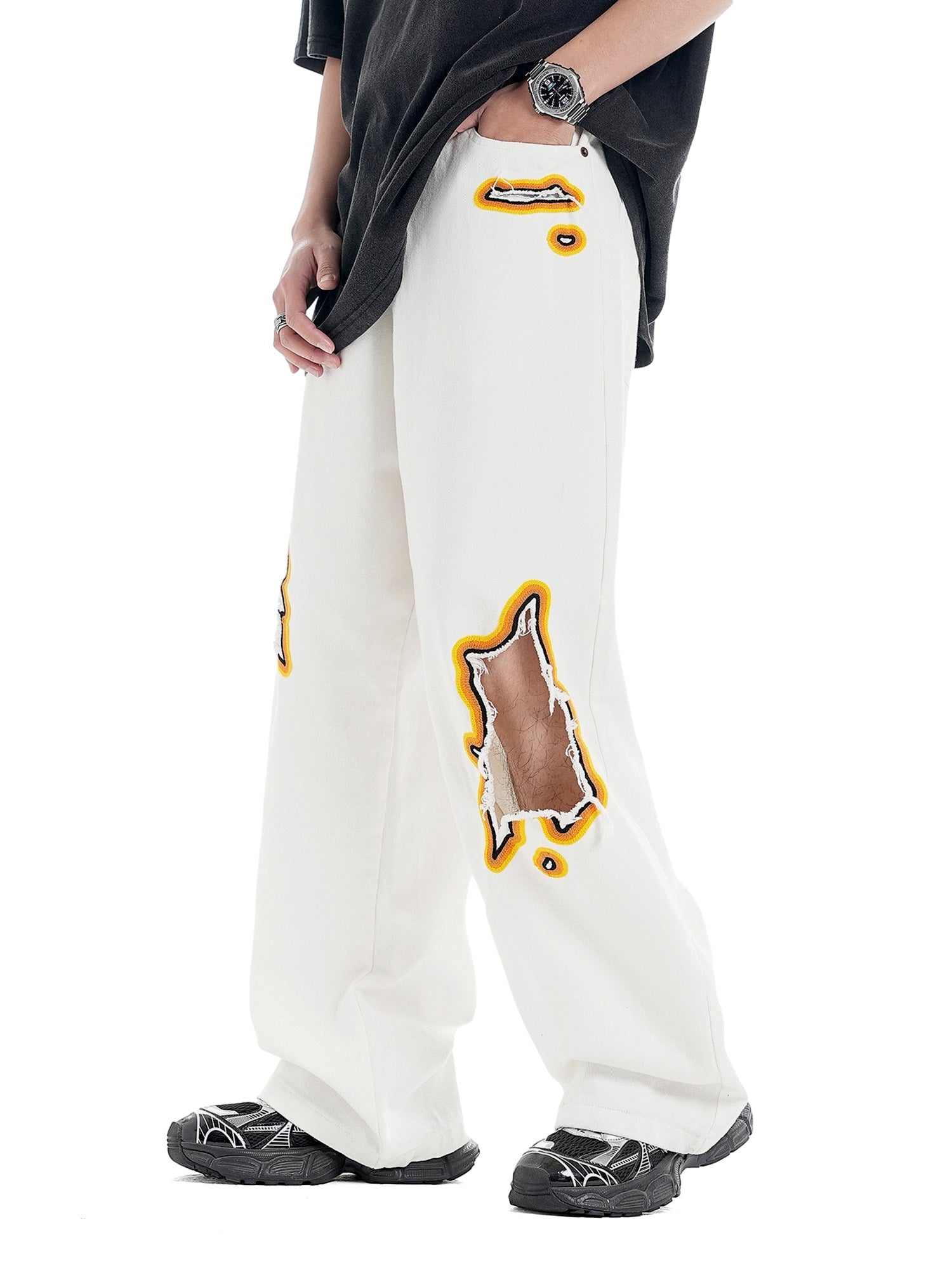 Street Flame Towel Embroidered Jeans - Goatlv